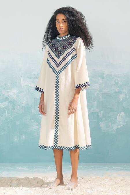 Shop_Ikai By Ragini Ahuja_Ivory Chanderi, Cotton Applique High Neck Nile Cutwork Circular Dress_Online_at_Aza_Fashions