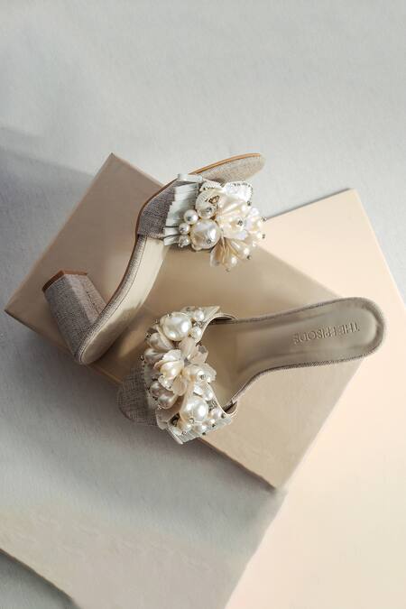 Shop_The Episode_Cream Stones, Pearls Heart Jute Heels _Online_at_Aza_Fashions