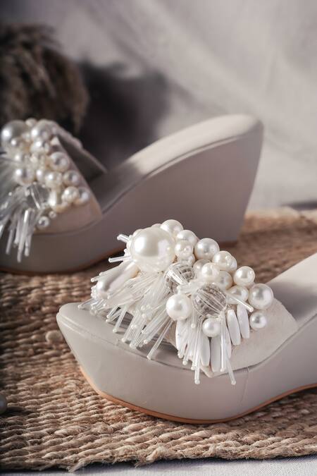 The Episode_Cream Pearls Fragile Forest Embellished Wedges _Online_at_Aza_Fashions