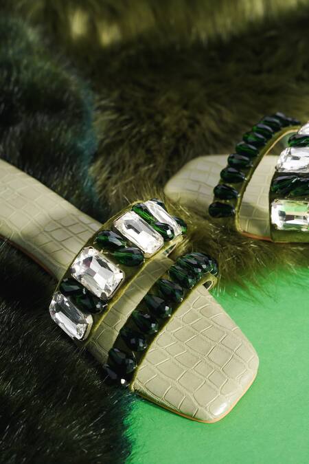 Buy_The Episode_Green Raining Diamonds Embellished Flats _Online_at_Aza_Fashions