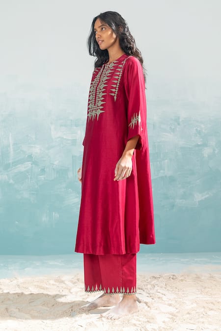 Shop_Ikai By Ragini Ahuja_Pink 100% Cotton Embroidery Applique And Cutwork Nile Hem Pant  _Online_at_Aza_Fashions