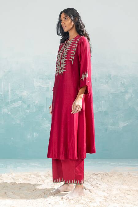 Shop_Ikai By Ragini Ahuja_Pink Cotton, Silk, Chanderi Applique Round Neck Nile Tribal Circular Kurta_Online_at_Aza_Fashions