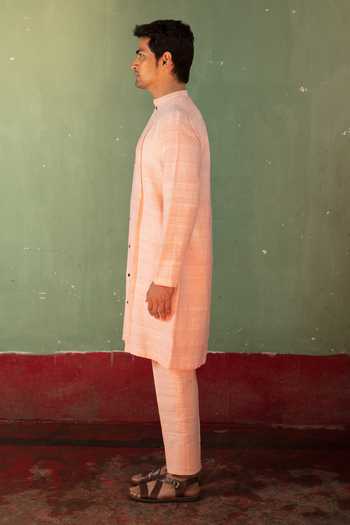 Artless_Pink Handloom Cotton, Silk Clouds And Roses Straight Kurta Set _Online_at_Aza_Fashions