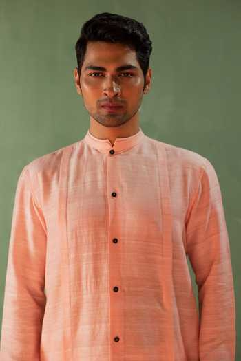 Buy_Artless_Pink Handloom Cotton, Silk Clouds And Roses Straight Kurta Set _Online_at_Aza_Fashions