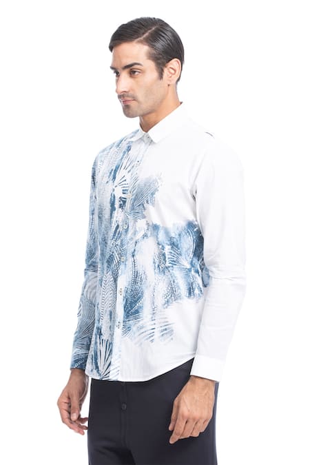Buy_Rohit Gandhi + Rahul Khanna_White Cotton Tropical Print Shirt _Online_at_Aza_Fashions