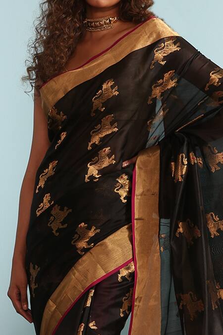 Buy_Mint N Oranges_Black Chanderi Silk Zari Animal Woven Pattern Saree _Online_at_Aza_Fashions