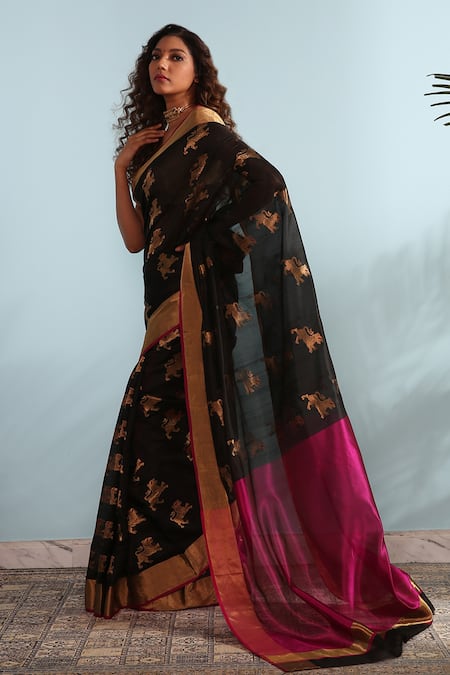 Shop_Mint N Oranges_Black Chanderi Silk Zari Animal Woven Pattern Saree _Online_at_Aza_Fashions