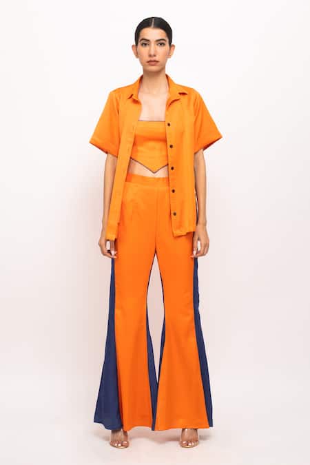 Neora By Nehal Chopra_Orange Silk Tassels Halter Neck, Collared Spread Shirt Pant Set _Online_at_Aza_Fashions
