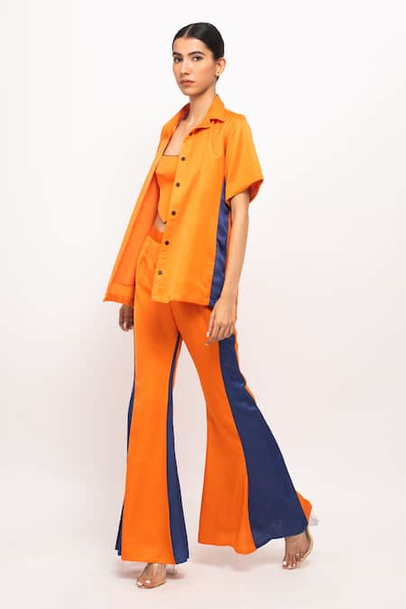 Buy_Neora By Nehal Chopra_Orange Silk Tassels Halter Neck, Collared Spread Shirt Pant Set _Online_at_Aza_Fashions