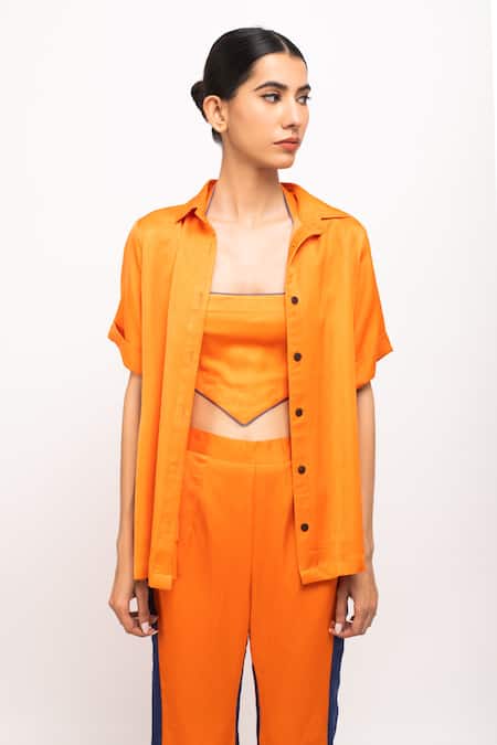 Shop_Neora By Nehal Chopra_Orange Silk Tassels Halter Neck, Collared Spread Shirt Pant Set _Online_at_Aza_Fashions