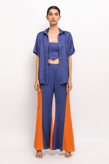Buy_Neora By Nehal Chopra_Blue Silk Crystals Halter Neck, Collared Half Sleeve Shirt Pant Set _Online_at_Aza_Fashions