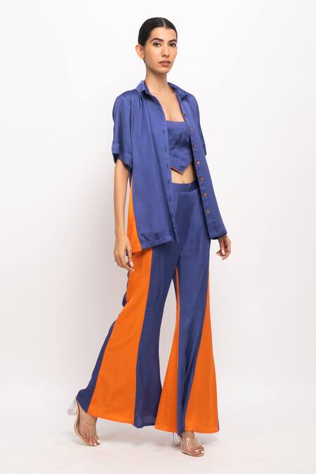 Neora By Nehal Chopra_Blue Silk Crystals Halter Neck, Collared Half Sleeve Shirt Pant Set _at_Aza_Fashions