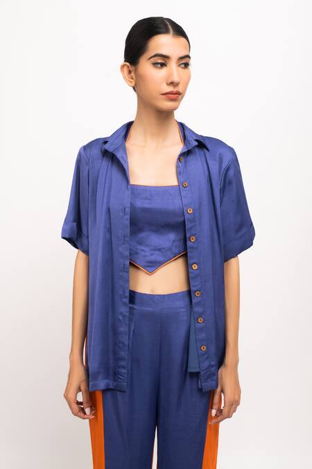 Buy_Neora By Nehal Chopra_Blue Silk Crystals Halter Neck, Collared Half Sleeve Shirt Pant Set 