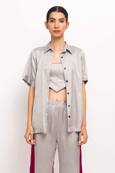 Neora By Nehal Chopra_Grey Bamboo Crystals Halter Neck, Collared Spread Shirt Pant Set _Online_at_Aza_Fashions