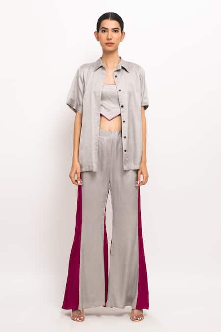 Buy_Neora By Nehal Chopra_Grey Bamboo Crystals Halter Neck, Collared Spread Shirt Pant Set _Online_at_Aza_Fashions