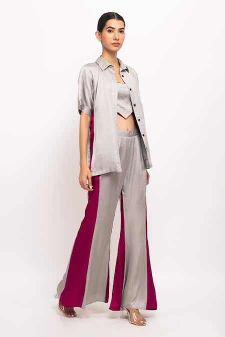 Shop_Neora By Nehal Chopra_Grey Bamboo Crystals Halter Neck, Collared Spread Shirt Pant Set _Online_at_Aza_Fashions