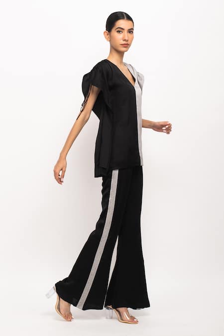 Neora By Nehal Chopra_Black Silk Crystals V-neck And Kaftan Bell-bottom Set _Online_at_Aza_Fashions