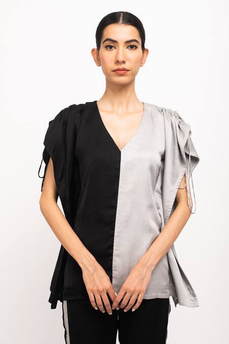 Shop_Neora By Nehal Chopra_Black Silk Crystals V-neck And Kaftan Bell-bottom Set _Online_at_Aza_Fashions