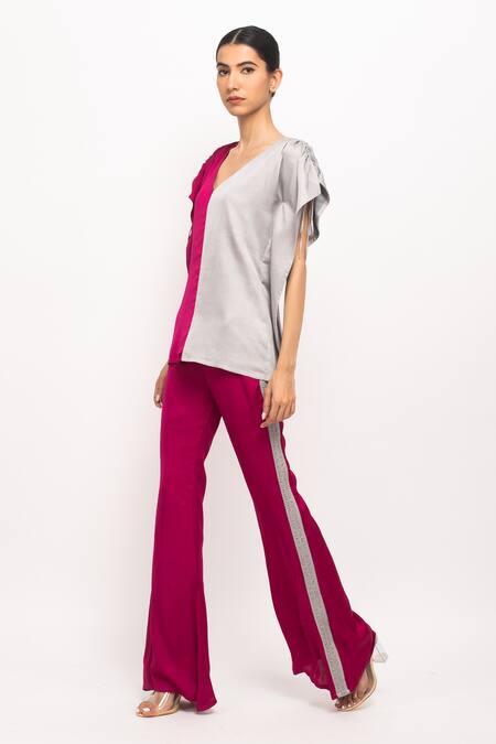 Buy_Neora By Nehal Chopra_Wine Bamboo Embroidery, Gota Patti V-neck And Kaftan Set _Online_at_Aza_Fashions