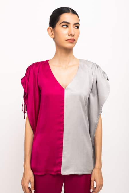 Shop_Neora By Nehal Chopra_Wine Bamboo Embroidery, Gota Patti V-neck And Kaftan Set _Online_at_Aza_Fashions