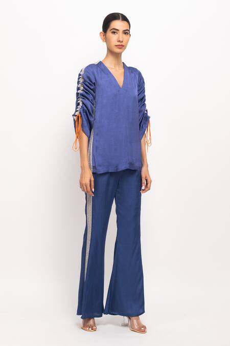 Buy_Neora By Nehal Chopra_Blue V-neck Ruched Sleeve Kaftan Bell-bottom Set _Online_at_Aza_Fashions