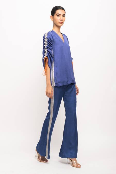 Shop_Neora By Nehal Chopra_Blue V-neck Ruched Sleeve Kaftan Bell-bottom Set _Online_at_Aza_Fashions