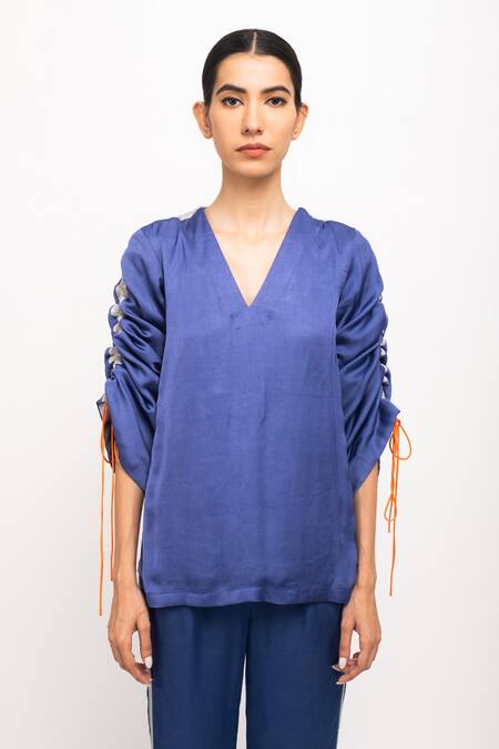 Neora By Nehal Chopra_Blue V-neck Ruched Sleeve Kaftan Bell-bottom Set _at_Aza_Fashions