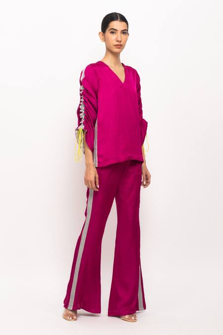 Buy_Neora By Nehal Chopra_Wine V-neck Ruched Sleeve Kaftan Set _Online_at_Aza_Fashions