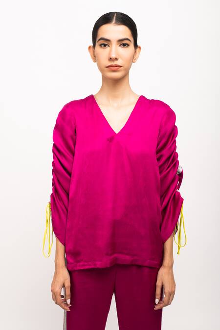 Shop_Neora By Nehal Chopra_Wine V-neck Ruched Sleeve Kaftan Set _Online_at_Aza_Fashions