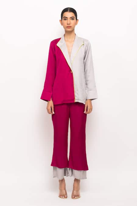 Neora By Nehal Chopra_Wine Bamboo Cut Work Lapel Collar Blazer Pant Set _Online_at_Aza_Fashions