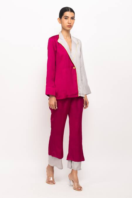 Buy_Neora By Nehal Chopra_Wine Bamboo Cut Work Lapel Collar Blazer Pant Set _Online_at_Aza_Fashions