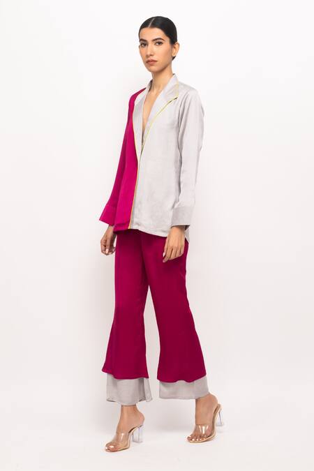 Shop_Neora By Nehal Chopra_Wine Bamboo Cut Work Lapel Collar Blazer Pant Set _Online_at_Aza_Fashions