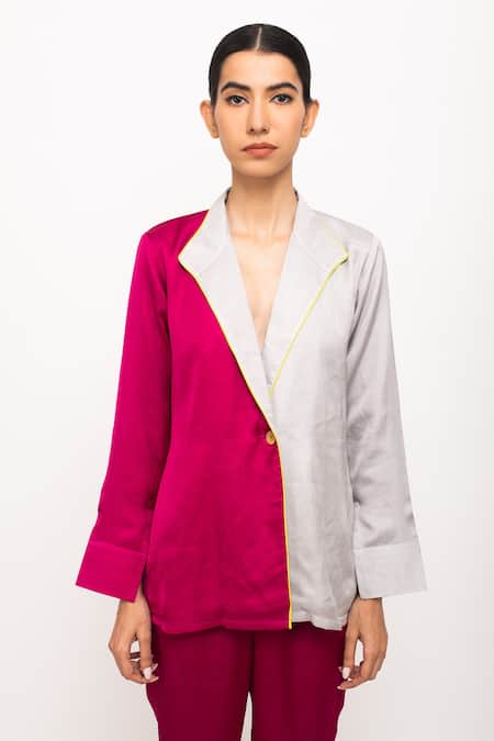 Neora By Nehal Chopra_Wine Bamboo Cut Work Lapel Collar Blazer Pant Set _at_Aza_Fashions