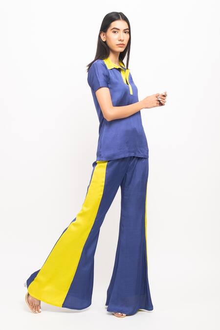 Neora By Nehal Chopra_Blue Silk Collared Half Sleeve Top And Pant Set _Online_at_Aza_Fashions