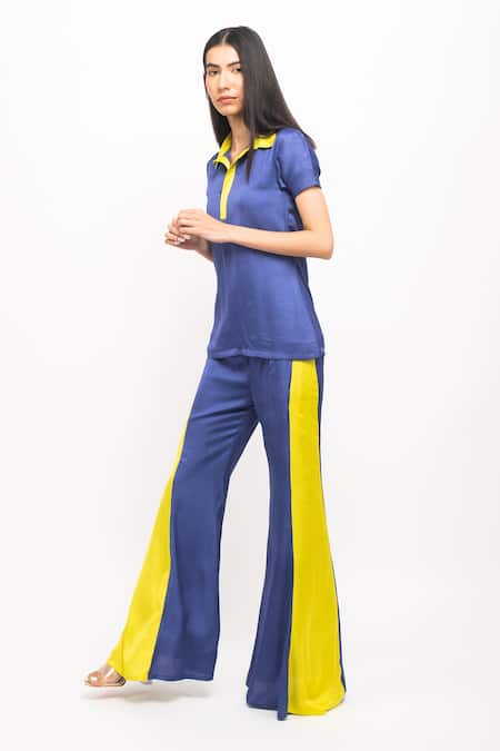 Buy_Neora By Nehal Chopra_Blue Silk Collared Half Sleeve Top And Pant Set _Online_at_Aza_Fashions
