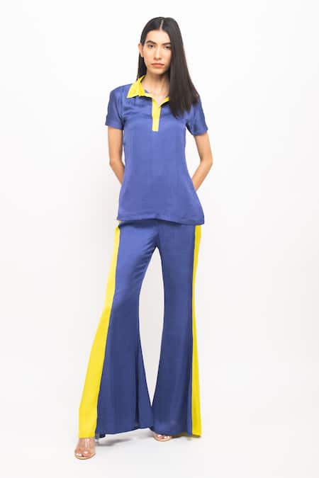 Shop_Neora By Nehal Chopra_Blue Silk Collared Half Sleeve Top And Pant Set _Online_at_Aza_Fashions