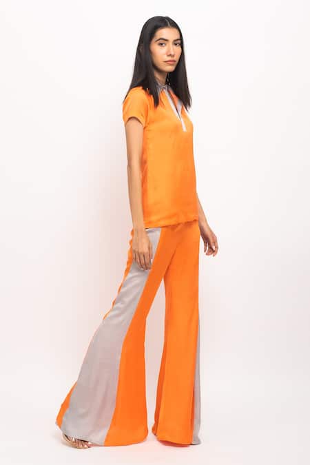 Neora By Nehal Chopra_Orange Bamboo, Silk Collared Side Paneled Pant Set _Online_at_Aza_Fashions