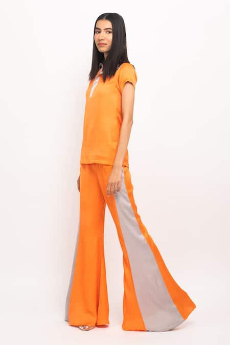Buy_Neora By Nehal Chopra_Orange Bamboo, Silk Collared Side Paneled Pant Set _Online_at_Aza_Fashions