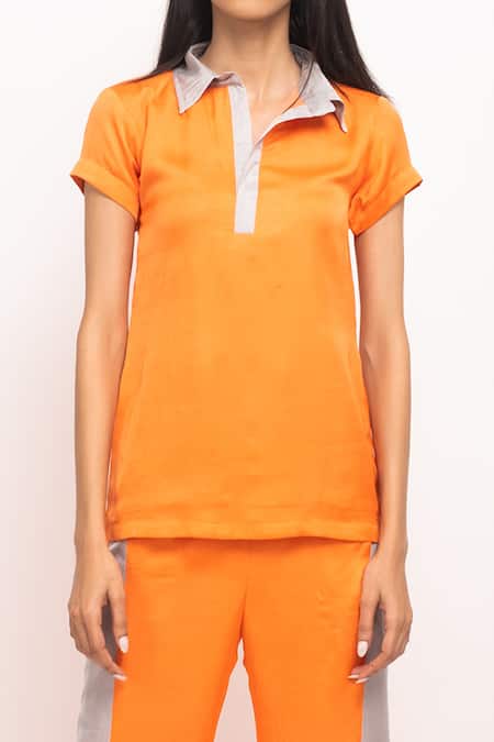 Shop_Neora By Nehal Chopra_Orange Bamboo, Silk Collared Side Paneled Pant Set _Online_at_Aza_Fashions