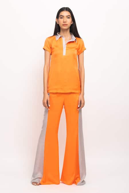 Neora By Nehal Chopra_Orange Bamboo, Silk Collared Side Paneled Pant Set _at_Aza_Fashions