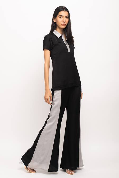 Neora By Nehal Chopra_Black Silk Collared Paneled Pant Set _Online_at_Aza_Fashions
