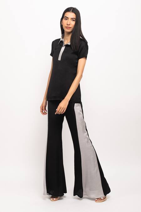 Buy_Neora By Nehal Chopra_Black Silk Collared Paneled Pant Set _Online_at_Aza_Fashions