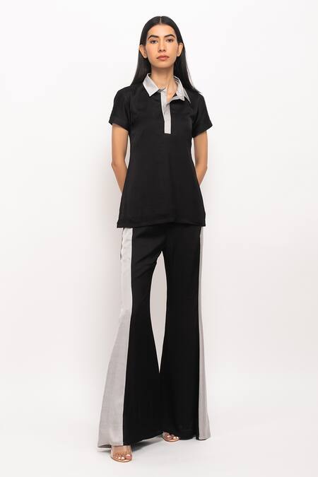 Shop_Neora By Nehal Chopra_Black Silk Collared Paneled Pant Set _Online_at_Aza_Fashions