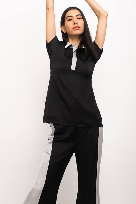 Neora By Nehal Chopra_Black Silk Collared Paneled Pant Set _at_Aza_Fashions