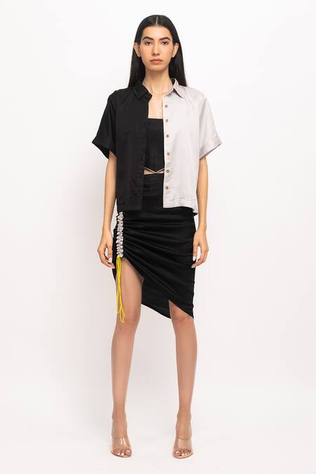 Neora By Nehal Chopra_Black Square Neck, Collared And Cropped Shirt Skirt Set _Online_at_Aza_Fashions