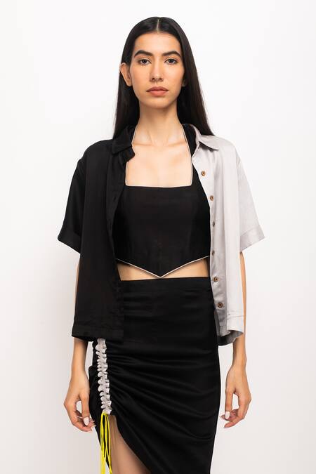 Buy_Neora By Nehal Chopra_Black Square Neck, Collared And Cropped Shirt Skirt Set _Online_at_Aza_Fashions