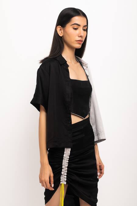 Shop_Neora By Nehal Chopra_Black Square Neck, Collared And Cropped Shirt Skirt Set _Online_at_Aza_Fashions
