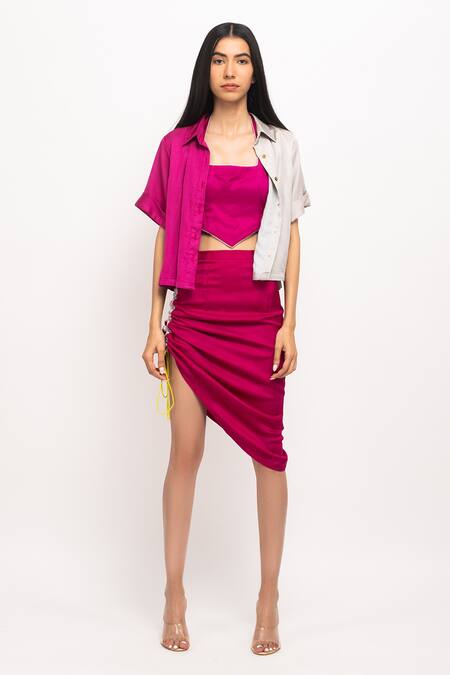 Neora By Nehal Chopra_Wine Modal Collared, Square Neck And Shirt Skirt Set _Online_at_Aza_Fashions