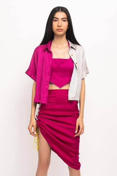 Buy_Neora By Nehal Chopra_Wine Modal Collared, Square Neck And Shirt Skirt Set _Online_at_Aza_Fashions