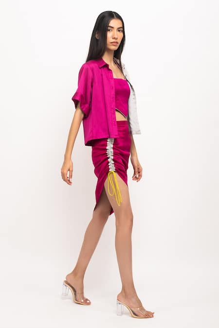 Shop_Neora By Nehal Chopra_Wine Modal Collared, Square Neck And Shirt Skirt Set _Online_at_Aza_Fashions